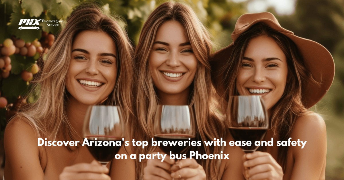 Group of friends enjoying a brewery tour on a party bus Phoenix