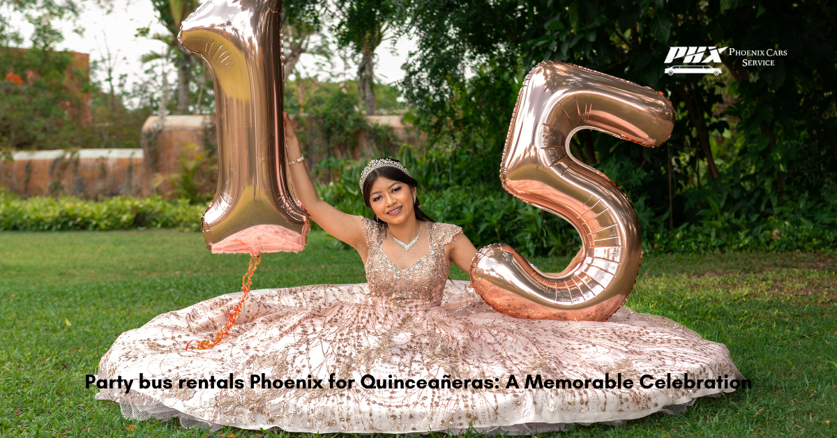 Quinceañera party bus Phoenix with a vibrant group of guests celebrating inside.