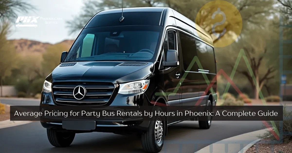 A luxury party bus in Phoenix parked on the street with vibrant lights and city skyline in the background.