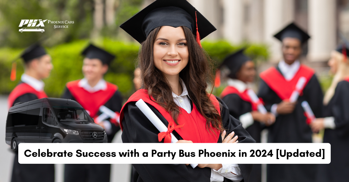 Luxury party bus cruising through Phoenix at graduation celebration.