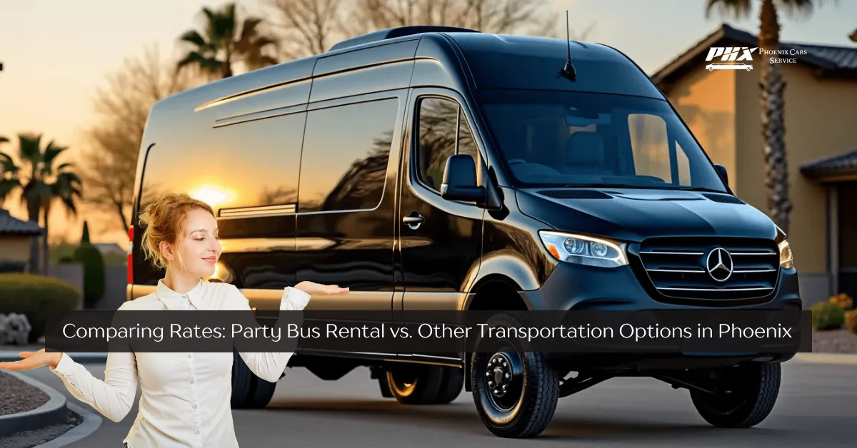 A party bus, limousine, and shuttle bus parked side by side, showcasing different transportation options in Phoenix.