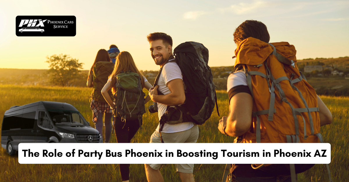 A party bus that is luxuriously located in Phoenix, AZ, parked near a well-known tourist attraction.