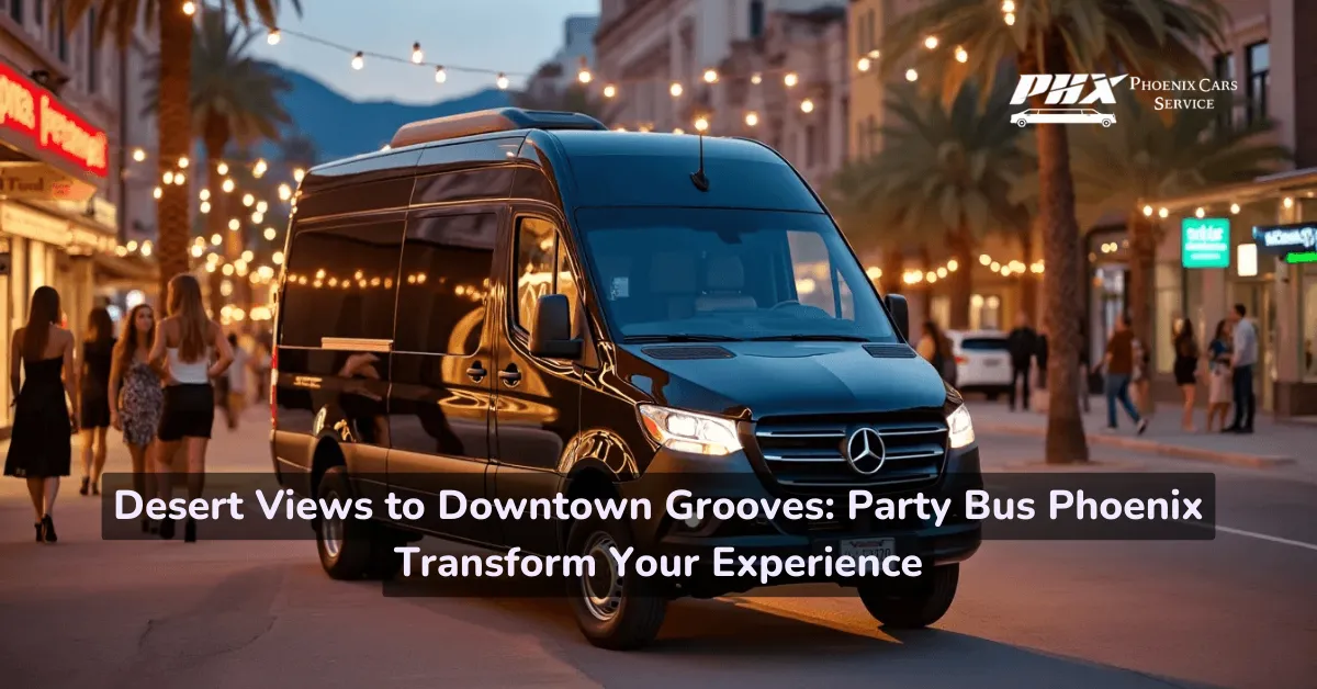 Luxury party bus cruising through Phoenix desert at sunset