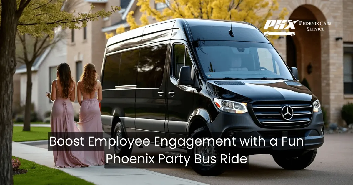 Employees enjoying a ride on a Phoenix party bus during a team-building event