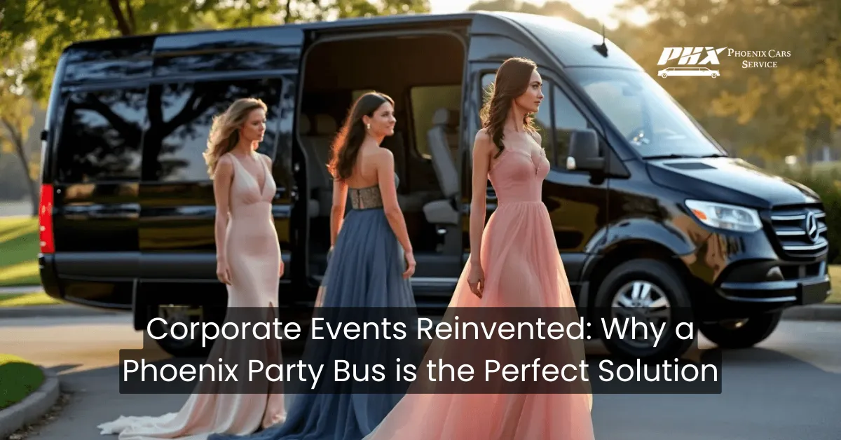 Corporate team enjoying a Phoenix party bus rental for an event.