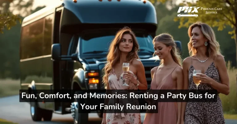 Family enjoying a fun-filled party bus ride during a reunion in Phoenix, Arizona.