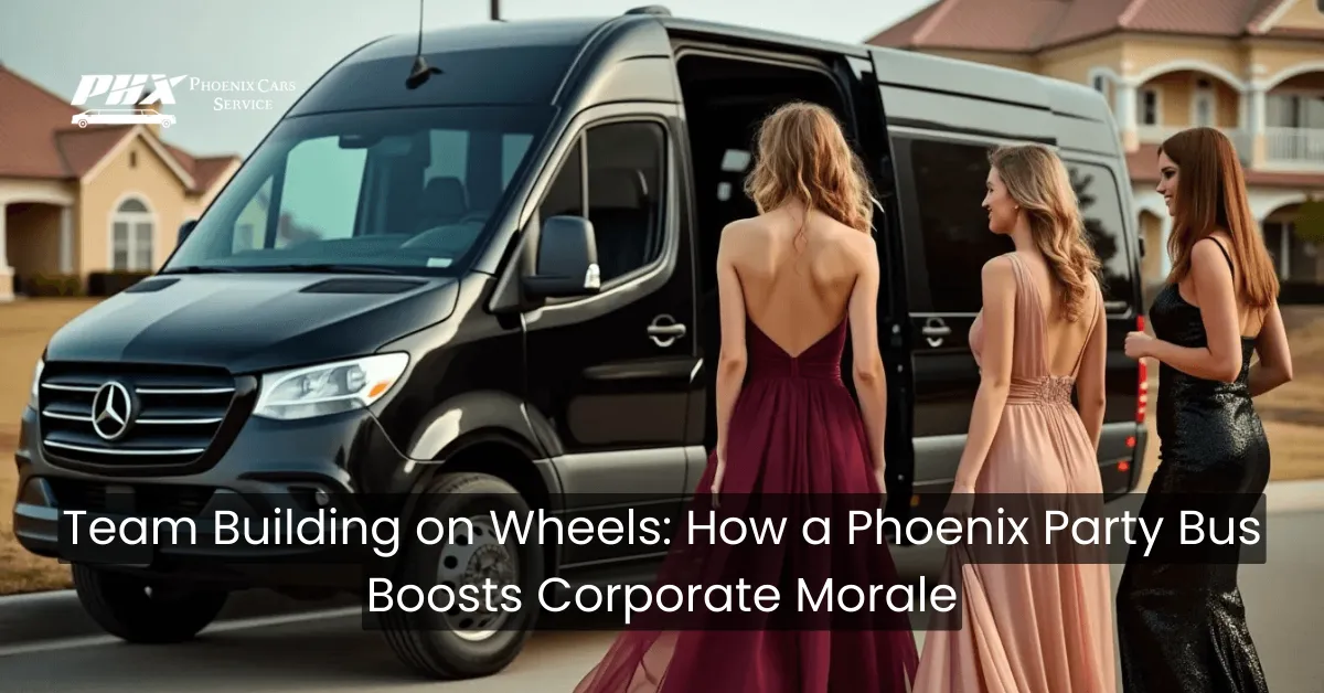 Corporate team enjoying team-building activities on a Phoenix party bus.