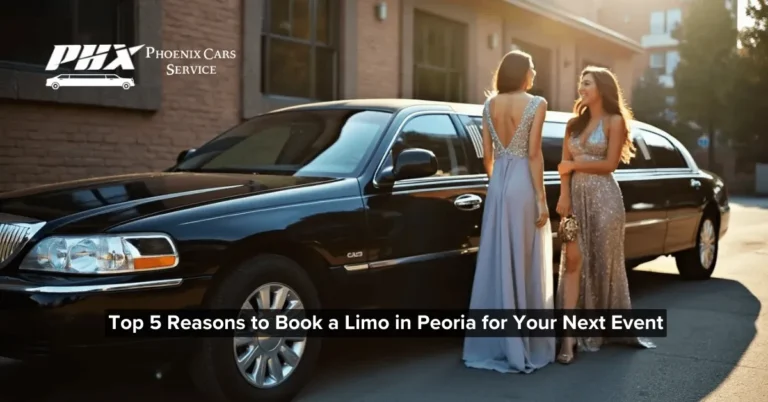 Luxury limo parked outside an event venue in Peoria, AZ, ready for a special occasion.