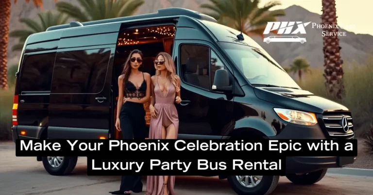 Luxury party bus rental in Phoenix, Arizona, filled with people celebrating.