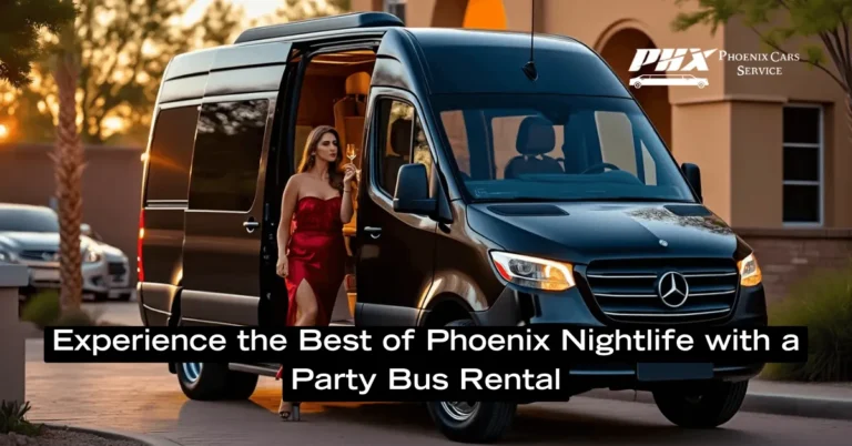 Party bus rental in Phoenix, AZ, filled with friends enjoying a night out.