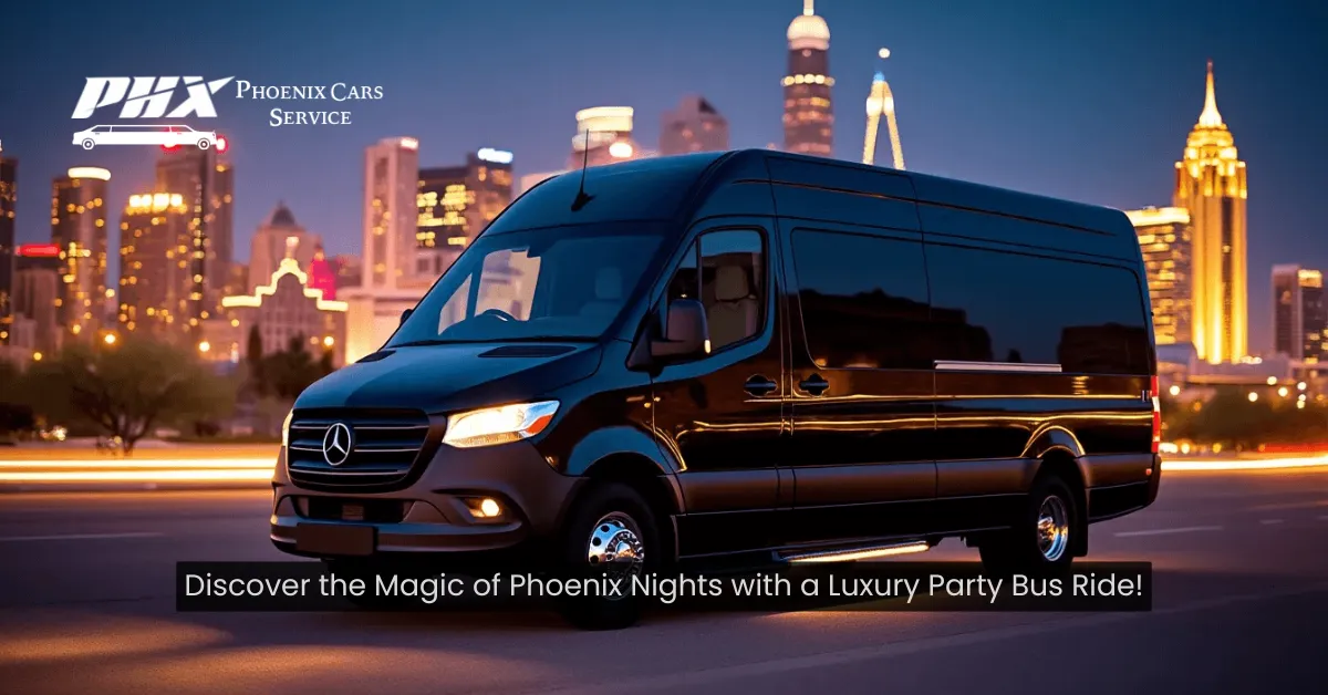 A luxury party bus driving through Phoenix at night with city lights in the background.