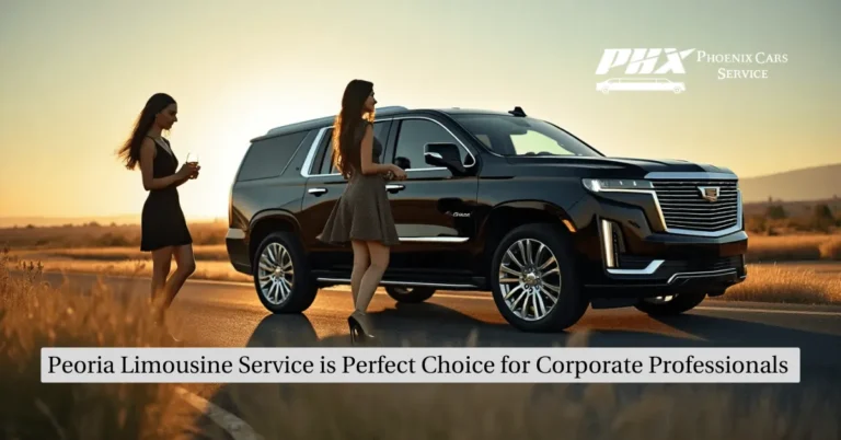 Corporate professional stepping out of a sleek limo in Peoria, AZ, showcasing luxury transportation.